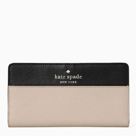 Kate Spade ♠️ Staci Large Slim Bifold Wallet Warm Beige and Black - Picture 1 of 6